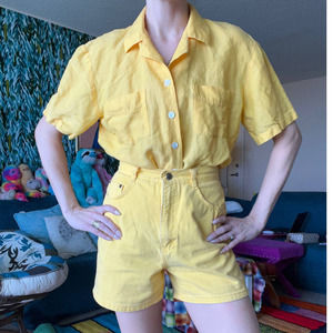 Vintage 90s yellow colorblock linen blouse ultra high waist mom shorts set
